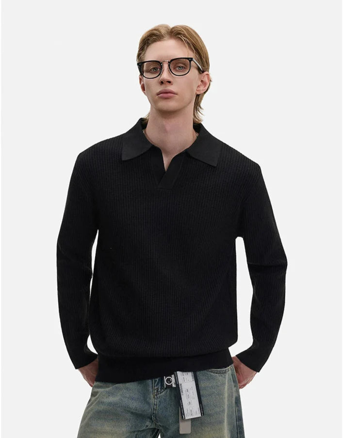 Waffle Textured Long Sleeve Polo Shirt