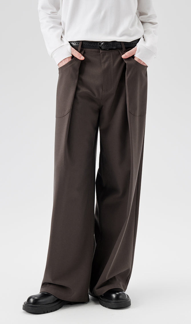 Wide Leg Pleated Trousers with Button Details