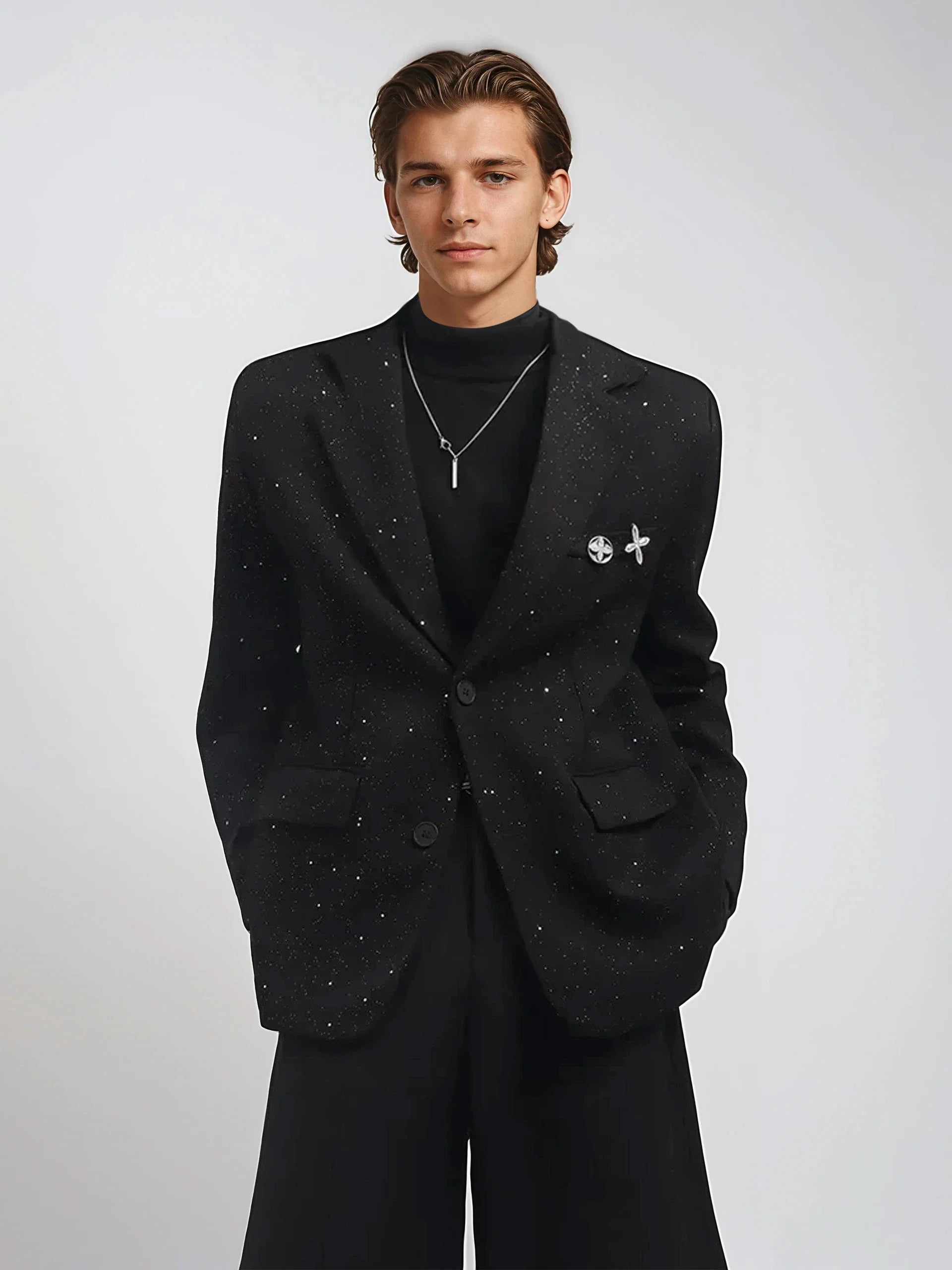Oversized Starry Speckled Blazer with Pocket Pins
