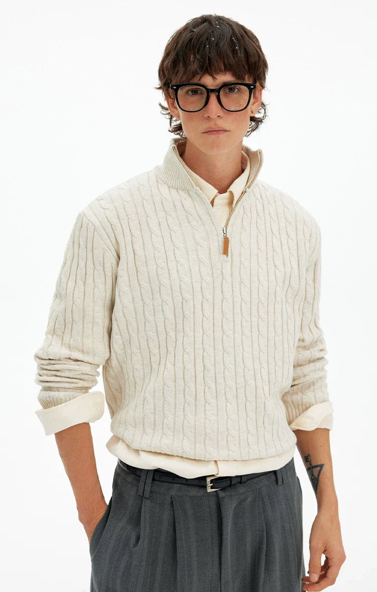Cable Knit Quarter Zip Pullover with Contrast Zip