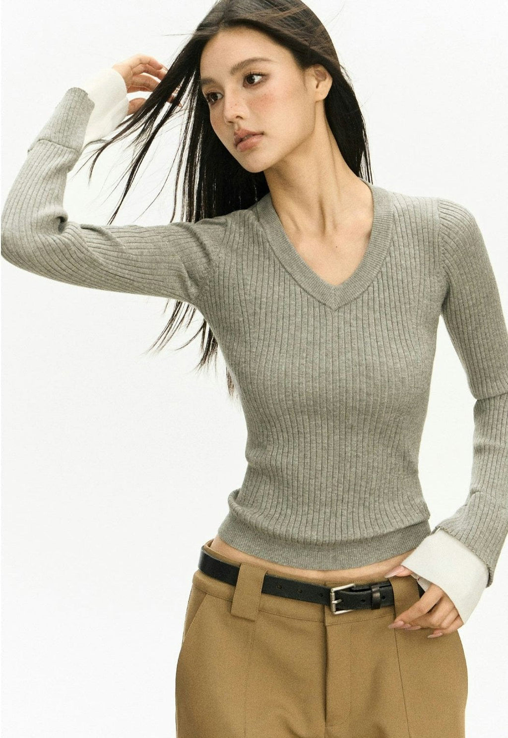 Ribbed V-Neck Two Tone Long Sleeve Knit Top