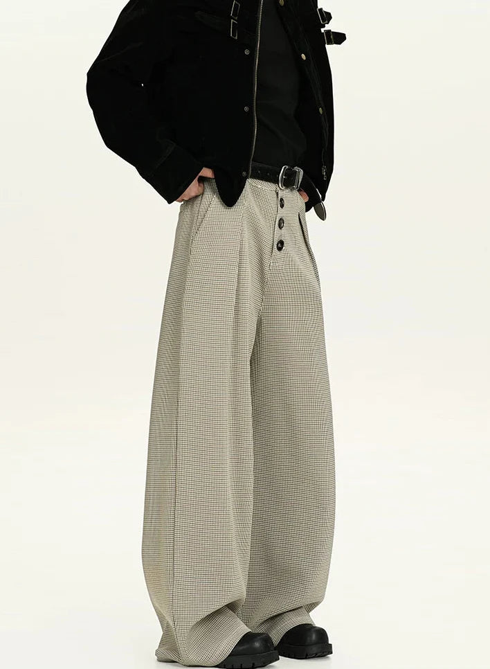 Houndstooth Pattern Button-Fly Wide Leg Trousers