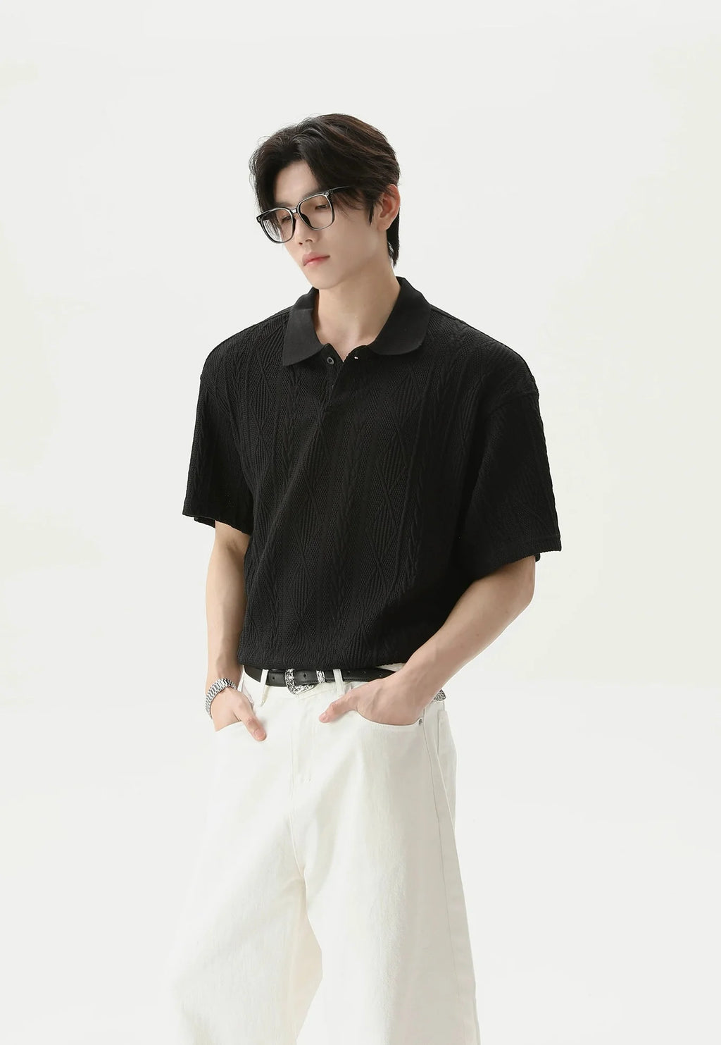 Textured Cable Knit Short Sleeve Polo Shirt