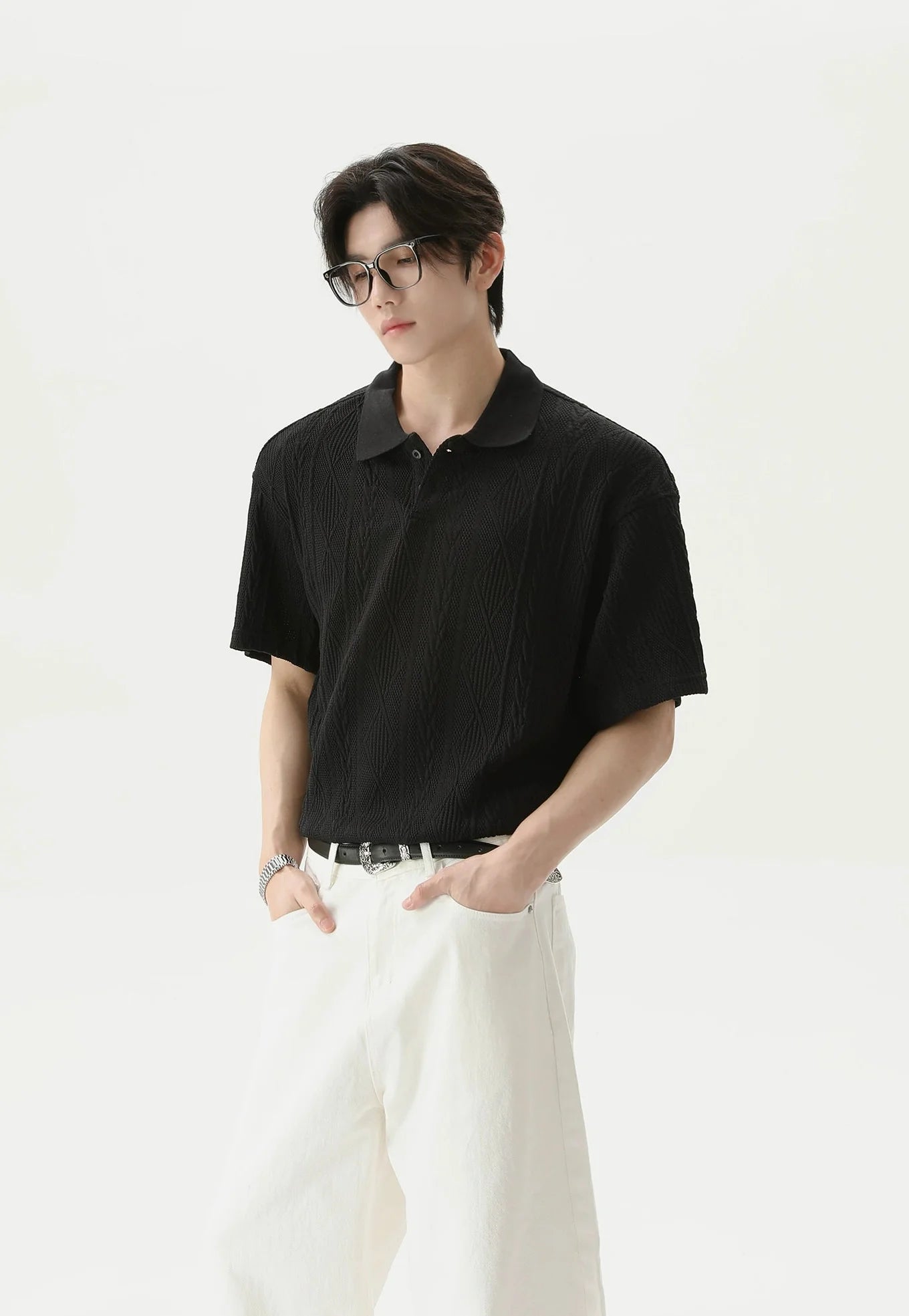Textured Cable Knit Short Sleeve Polo Shirt