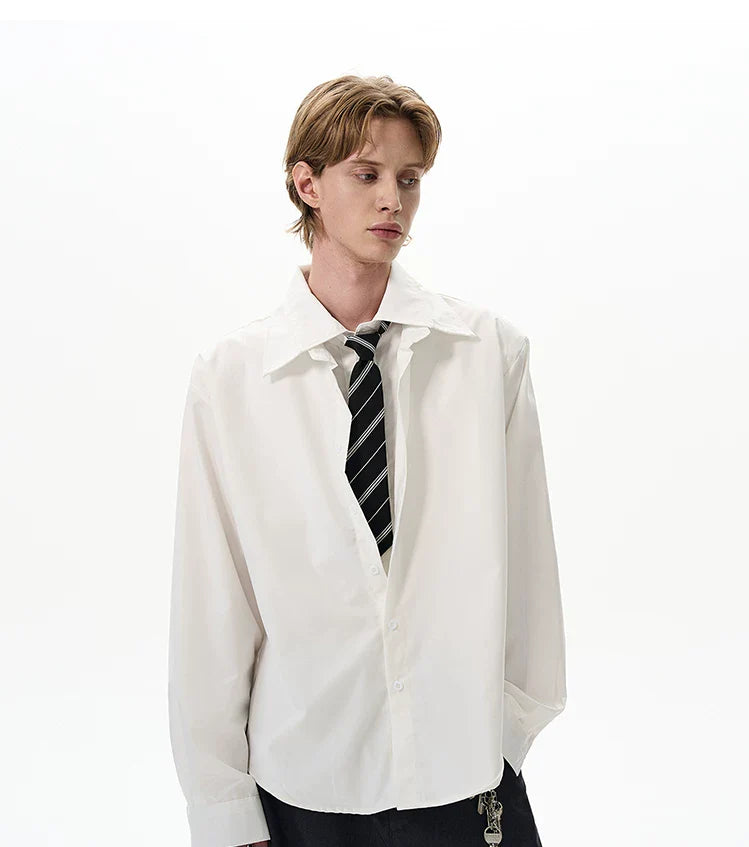 Spread Collar Faux Two-Piece Button-Up Shirt with Tie
