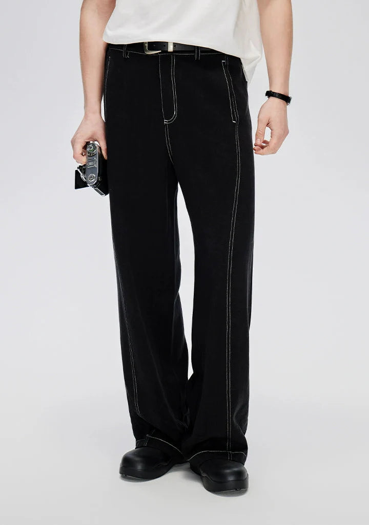 Straight Leg Linen-Blend Contrast Stitch Pants