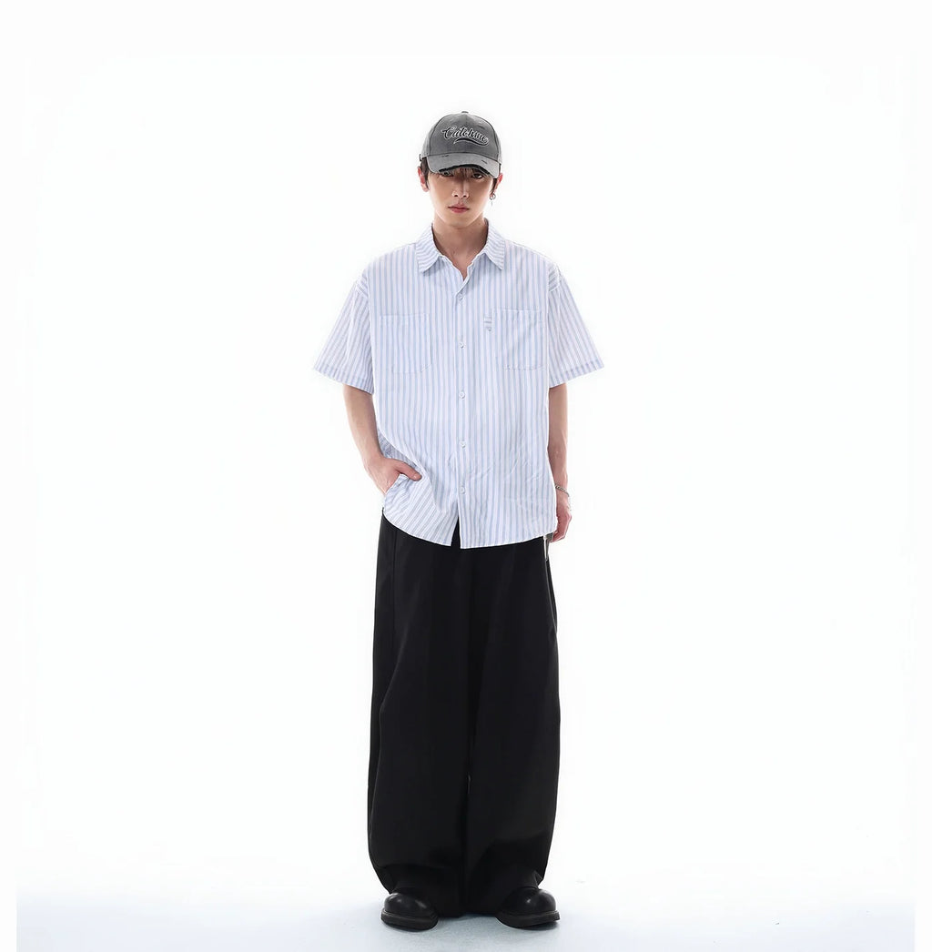 Oversized Stripe Short Sleeve Button Shirt with Chest Pockets