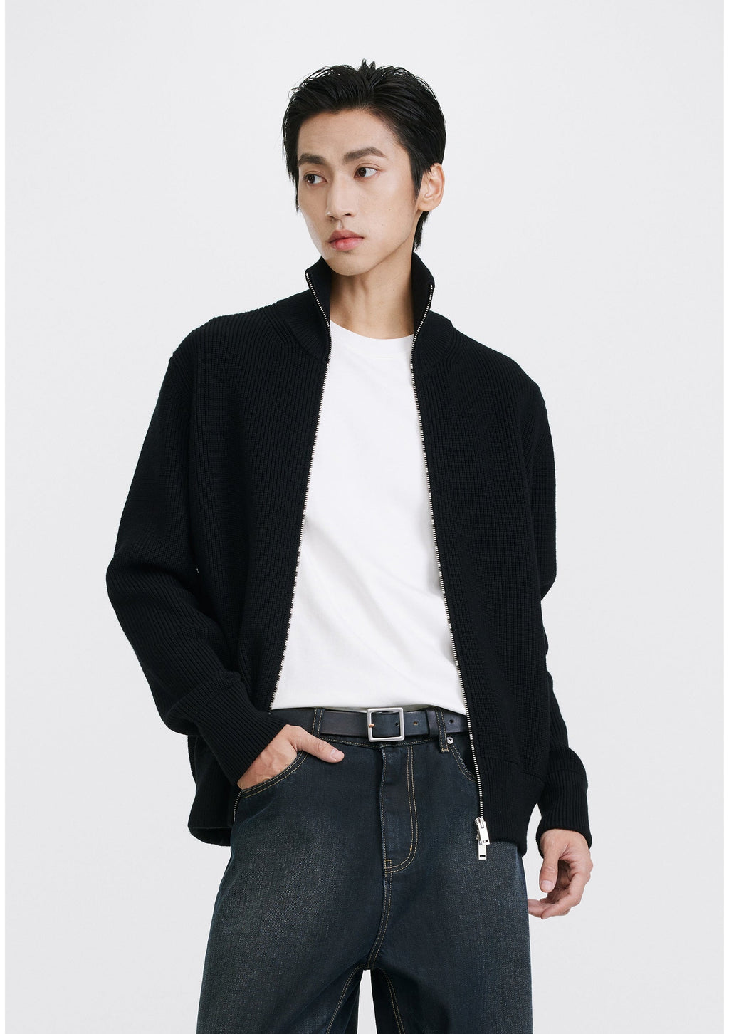 Ribbed Knit Double Zip Jacket with Stand Collar