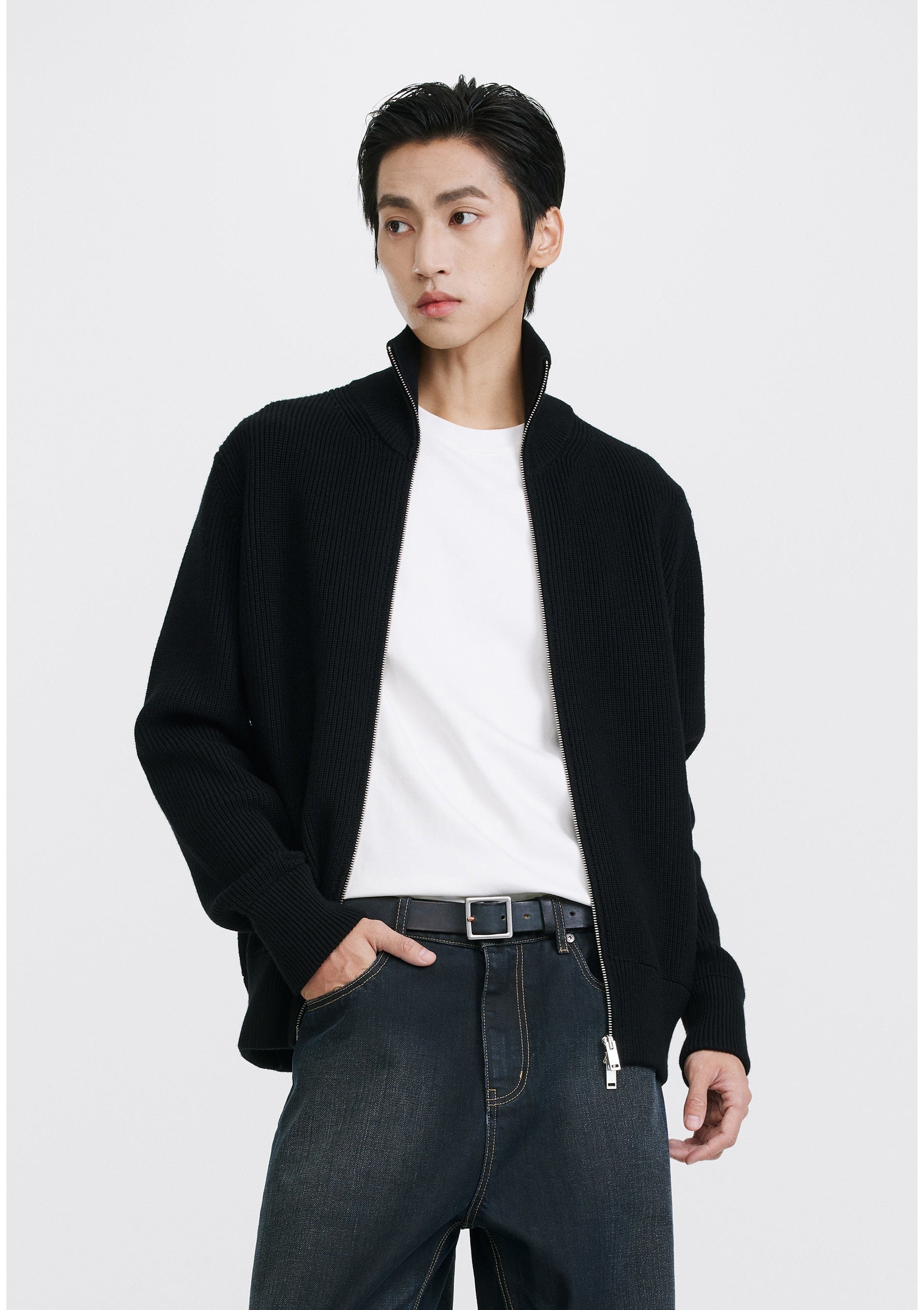 Ribbed Knit Double Zip Jacket with Stand Collar